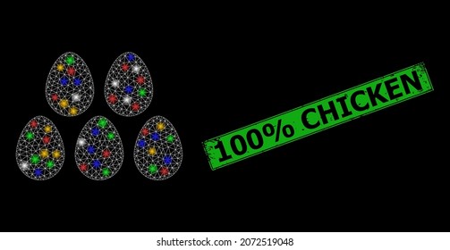 Glare mesh net eggs with multicolored light spots, and grunge 100 discount Chicken badge. Green stamp has 100 discount Chicken caption inside framed rectangle. Constellation vector mesh created from