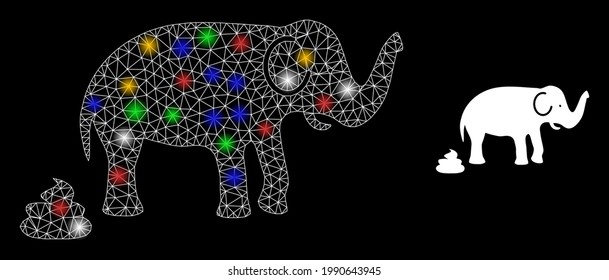 Cuerdas de elefantes de malla brillante con manchas de luz multicolores. Modelo vectorial de constelación creado a partir del icono de mierda de elefante. La espuma de la constelación de la malla de los elefantes, en un fondo negro.