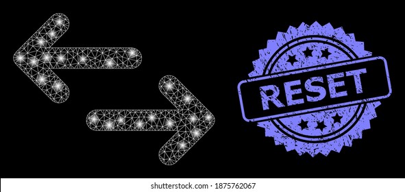 Glare mesh net exchange arrows with lightspots, and Reset grunge rosette stamp seal. Illuminated vector model created from exchange arrows icon. Blue stamp seal includes Reset title inside rosette.