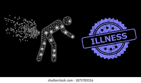 Glare mesh net farting person with light spots, and Illness dirty rosette stamp seal. Illuminated vector model created from farting person icon. Blue seal has Illness tag inside rosette.
