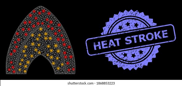 Glare mesh net fire flame with light spots, and Heat Stroke corroded rosette seal imitation. Illuminated vector model created from fire flame icon. Blue seal includes Heat Stroke tag inside rosette.