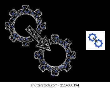 Glare mesh net gears integration icon with glowing light spots. Illuminated model created from gears integration vector icon and intersected lines. Illuminated frame gears integration,