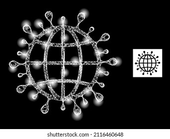 Glare mesh net global coronavirus icon with illuminated spots. Illuminated model done using global coronavirus vector icon and crossed lines. Illuminated frame global coronavirus,