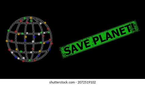 Glare mesh net global with vibrant light dots, and grunge Save Planet seal. Green stamp seal contains Save Planet text inside framed rectangle.
