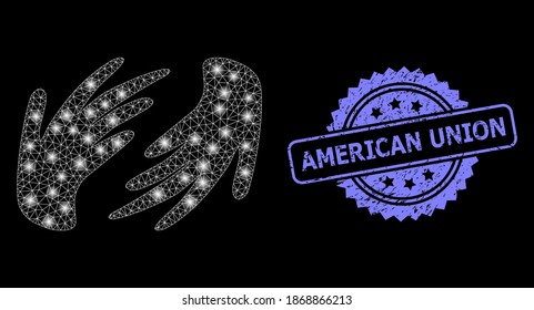Glare mesh net hands with glowing spots, and American Union scratched rosette stamp seal. Illuminated vector model created from hands icon. Blue seal contains American Union tag inside rosette.