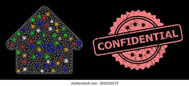 Glare Maschennetzhaus mit hellen Punkten, und vertraute schmutzige Rosette-Stempel-Siegel. Illuminierte Vektormaschen, die aus dem Piktogramm des Hauses entstanden sind. Rosa Siegel beinhaltet Vertraulichen Titel in Rosette.