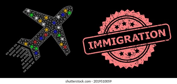 Glare Mesh Net Jet Liner With Flash Nodes, And Immigration Grunge Rosette Seal Print. Illuminated Vector Model Created From Jet Liner Pictogram. Pink Stamp Seal Has Immigration Text Inside Rosette.