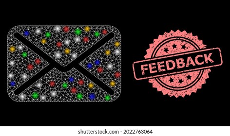 Glare mesh net letter with light dots, and Feedback rubber rosette stamp seal. Illuminated vector mesh created from letter icon. Pink stamp seal contains Feedback title inside rosette.