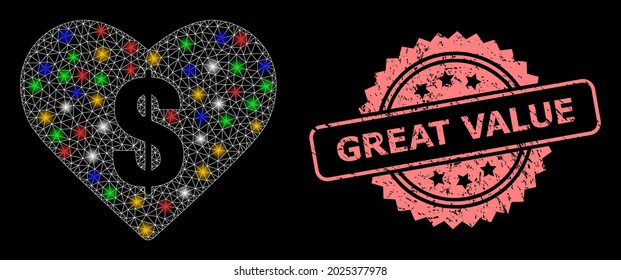 Glare Mesh Net Love Price With Light Dots, And Great Value Unclean Rosette Seal Print. Illuminated Vector Structure Created From Love Price Icon. Pink Seal Contains Great Value Text Inside Rosette.