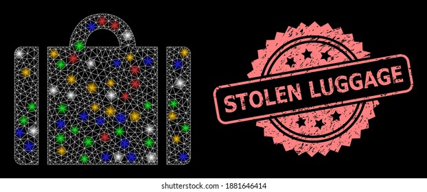 Glare mesh net luggage with light spots, and Stolen Luggage grunge rosette stamp seal. Illuminated vector mesh created from luggage icon.