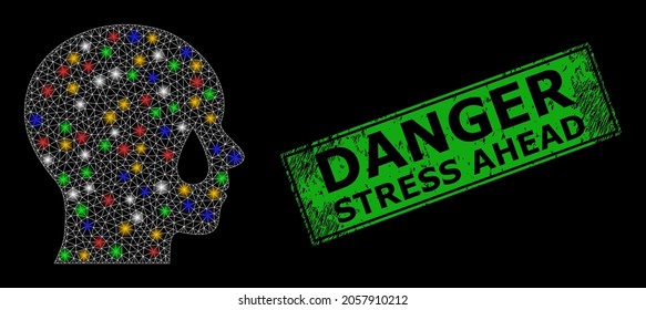 Glare mesh net man tear with multicolored lightspots, and grunge Danger Stress Ahead seal stamp. Green stamp seal contains Danger Stress Ahead tag inside framed rectangle.