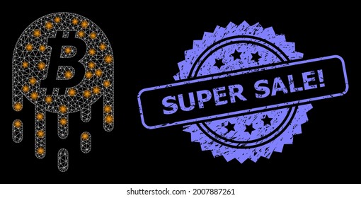Glare mesh net melting bitcoin with glowing spots, and Super Sale Exclamation textured rosette stamp seal. Illuminated vector model created from melting bitcoin icon.