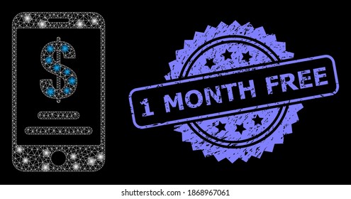 Gare mesh net Mobile Dollar Konto mit Leuchtpunkten und 1 Monat Free strukturierten Rosette Stempel-Siegel. Illuminiertes Vektormodell, das aus dem Symbol für mobile Dollarkonten erstellt wurde.