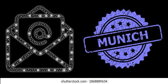 Glare mesh net open email with glowing spots, and Munich rubber rosette stamp. Illuminated vector constellation created from open email icon. Blue stamp includes Munich title inside rosette.