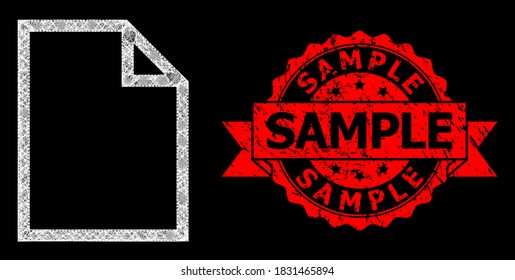 Página de papel de red de malla de vidrio con manchas brillantes y Muestra el precinto de cinta sucia. El sello rojo incluye el título de ejemplo dentro de la cinta. Modelo vectorial iluminado creado a partir del icono de página de papel con malla blanca.