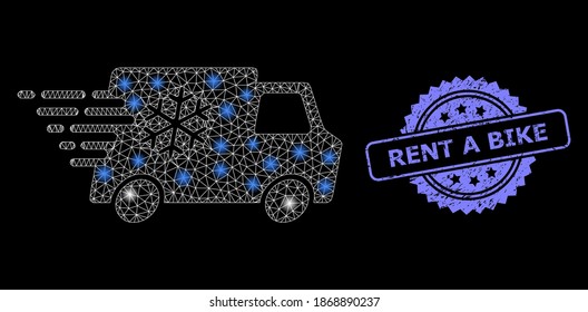Glare mesh net refrigerator car with glowing spots, and Rent a Bike grunge rosette seal. Illuminated vector model created from refrigerator car icon.