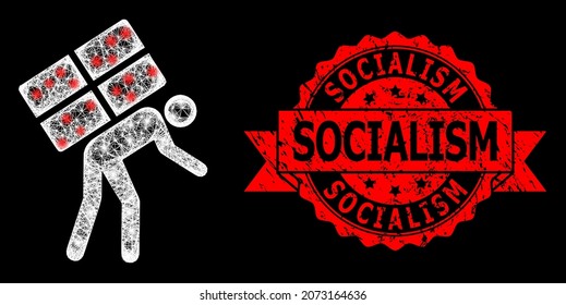 Glare mesh net refugee with glowing spots, and Socialism rubber ribbon stamp seal. Red stamp contains Socialism tag inside ribbon. Illuminated vector model created from refugee icon with white mesh.