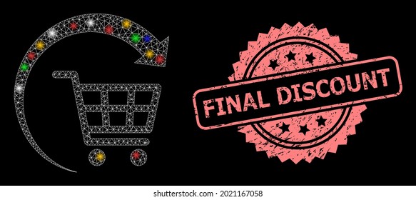 Repite el carro de la compra de la red de malla de vidrio con puntos de luz y el sello de rosette corroido por el descuento final. Malla vectorial iluminada creada a partir del icono del carro de la compra repetida.