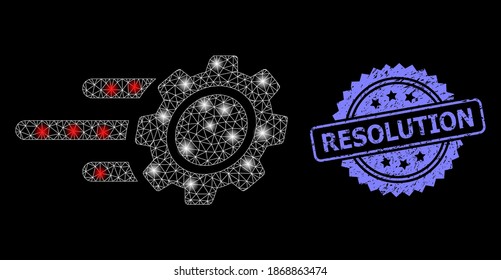 Hochspannungsnetz mit glattem Netz und Auflage-strukturierter Rosette-Robbendruck. Illuminierte Vektorkonstellation, die aus dem Symbol der Hauptgetriebe erstellt wurde. Das blaue Siegel hat die Auflösungs-Markierung im Rosette.