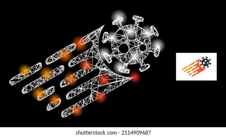 Glare mesh net rush virus icon with glossy light spots. Illuminated constellation is generated from rush virus vector icon and crossing lines. Glossy carcass rush virus, on a black background.