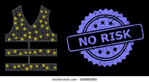 Glare mesh net safety vest with lightspots, and No Risk scratched rosette stamp seal. Illuminated vector constellation created from safety vest icon.