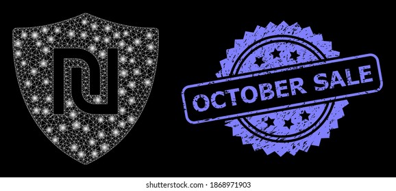 Glare mesh net shekel guard with lightspots, and October Sale grunge rosette seal print. Illuminated vector constellation created from shekel guard icon.