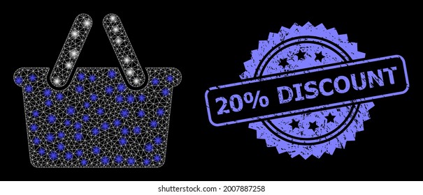 Glare mesh net shopping bag with lightspots, and 20 percent Discount textured rosette stamp seal. Illuminated vector model created from shopping bag icon.