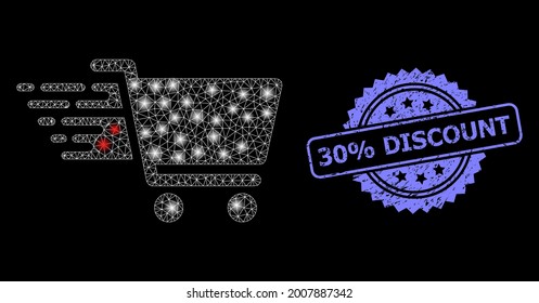 Glare mesh net shopping cart with lightspots, and 30 percent Discount scratched rosette stamp. Illuminated vector constellation created from shopping cart icon.