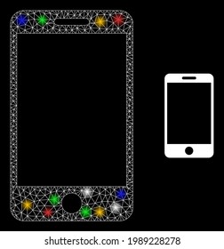 Glare mesh net smartphone with multi colored glowing spots. Constellation vector carcass created from smartphone pictogram. Sparkle carcass mesh smartphone, on a black backgound.