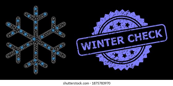 Schneeflocken mit glattem Netz mit hellen Flecken und Winter Check unlean Rosette Stempel-Siegel. Illuminierte Vektorkonstellation, die aus dem Schneeflocken-Symbol erstellt wurde.