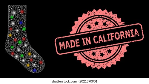 Glare mesh net sock with flash nodes, and Made in California unclean rosette seal imitation. Illuminated vector structure created from sock pictogram.