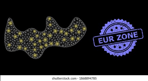 Glare mesh net spot with light spots, and EUR Zone dirty rosette seal imitation. Illuminated vector constellation created from spot icon. Blue stamp seal includes EUR Zone title inside rosette.