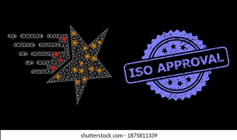 Glare mesh net star with light spots, and ISO Approval dirty rosette stamp seal. Illuminated vector model created from star icon. Blue stamp seal has ISO Approval text inside rosette.