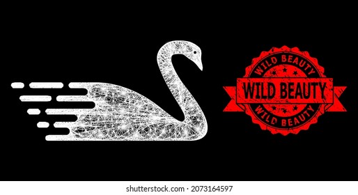 Glasmaschennetzschwan mit Lichtflecken und Wild Beauty strukturierte Bandsiegel. Rote Stempelrobbe hat Wild Beauty Text in Band. Illuminiertes Vektormodell, das aus dem Schwan-Symbol mit weißem Mesh erstellt wurde.