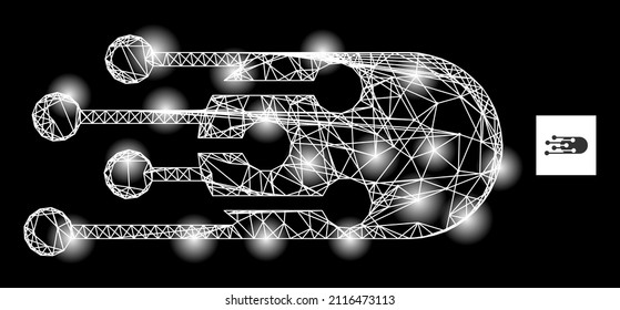 Glare mesh net transition bullet icon with glossy light spots. Illuminated constellation done from transition bullet vector icon and crossing lines. Constellation carcass transition bullet,