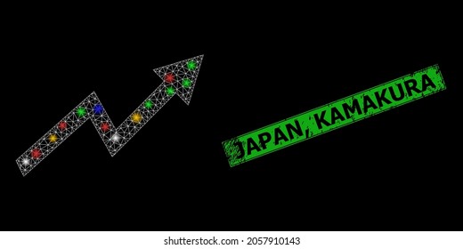 Glare mesh net up trend arrow with multi colored glowing spots, and grunge Japan, Kamakura seal stamp. Green seal contains Japan, Kamakura tag inside framed rectangle.