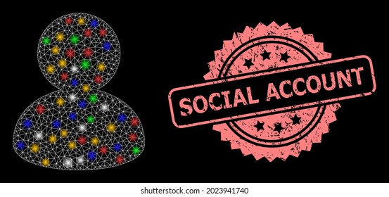 Glare mesh net user with light spots, and Social Account dirty rosette stamp seal. Illuminated vector mesh created from user pictogram. Pink seal includes Social Account title inside rosette.