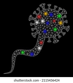 Icono del virus del virus del virión de la red de malla brillante con focos de luz coloreados. Constelación vectorial iluminada creada a partir del icono del virus virión. Virus de virión poligonal de malla de marco espumoso.