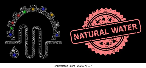 Glare mesh net water supply service with lightspots, and Natural Water corroded rosette stamp seal. Illuminated vector constellation created from water supply service pictogram.