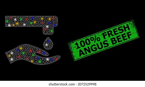 Glare mesh net water thrift hand with multi colored glowing spots, and grunge 100 discount Fresh Angus Beef seal. Green stamp seal includes 100 discount Fresh Angus Beef text inside framed rectangle.