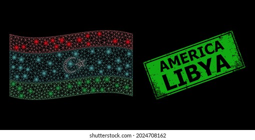 Glare mesh net waving Libya flag with glowing spots, and distress America Libya rectangle stamp seal. Green rectangle America Libya distress stamp.