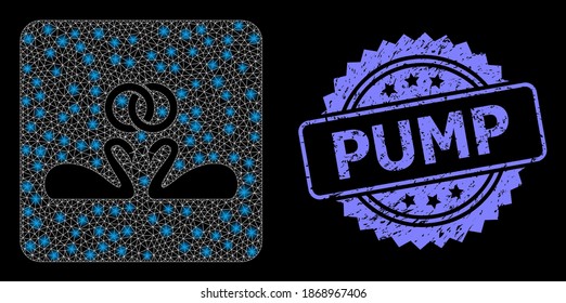 Vencos de bodas con redes de malla de vidrio con focos de luz y foco de rosetón rascado de la Bomba. Constelación vectorial iluminada creada a partir del icono de los cisnes de boda. El sello azul incluye la etiqueta Pump dentro de la roseta.