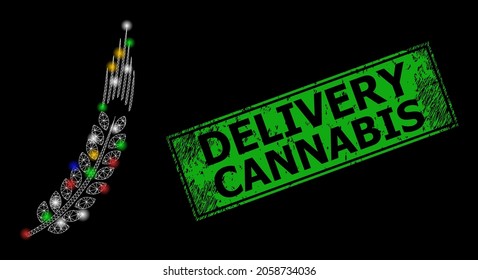 Glare mesh net wheat ear with colorful glowing spots, and grunge Delivery Cannabis seal stamp. Green stamp contains Delivery Cannabis tag inside framed rectangle.