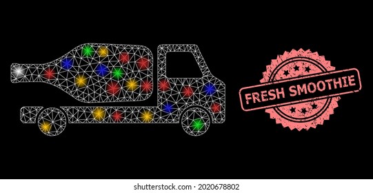 Entrega de vino de malla de vidrio con manchas claras y sello de rosetón de grunge fresco Smoothie. Malla vectorial iluminada creada a partir del pictograma de entrega de vino.