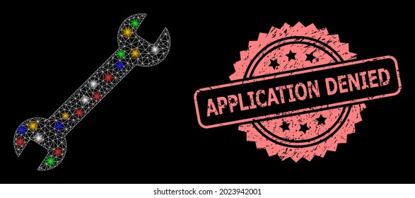 Glare mesh net wrench with light dots, and Application Denied grunge rosette stamp. Illuminated vector mesh created from wrench pictogram. Pink stamp contains Application Denied text inside rosette.