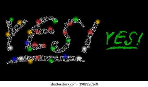 Glare mesh net Yes text with multi colored lightspots. Illuminated vector carcass created from Yes text pictogram. Sparkle carcass mesh Yes text, on a black backgound.