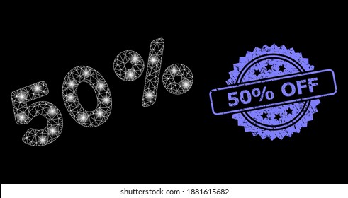 Red de malla de vidrio 50 por ciento con focos y 50 por ciento de sello de rosette corroido. Constelación vectorial iluminada creada a partir del icono de 50 percents.