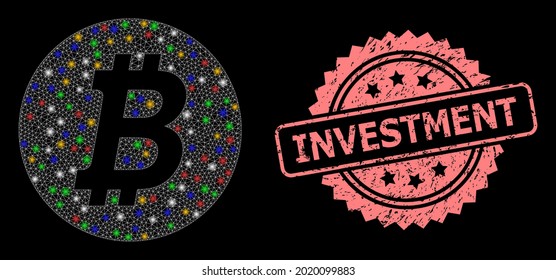 Glare mesh network bitcoin coin with glowing spots, and Investment grunge rosette seal imitation. Illuminated vector model created from bitcoin coin symbol.