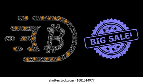 Glare mesh network bitcoin with light spots, and Big Sale Exclamation textured rosette stamp seal. Illuminated vector constellation created from bitcoin icon. Blue stamp contains Big Sale Exclamation