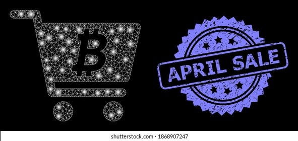 Red de malla de vidrio bitcoin webshop con manchas claras y sello de rosette texturizado de April Sale. Constelación vectorial iluminada creada a partir del icono de bitcoin webshop.
